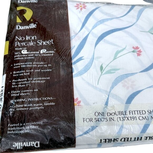 Vintage Fitted Sheet Full Size Blue Bow Floral by Danville No Iron Percale - Picture 5 of 7